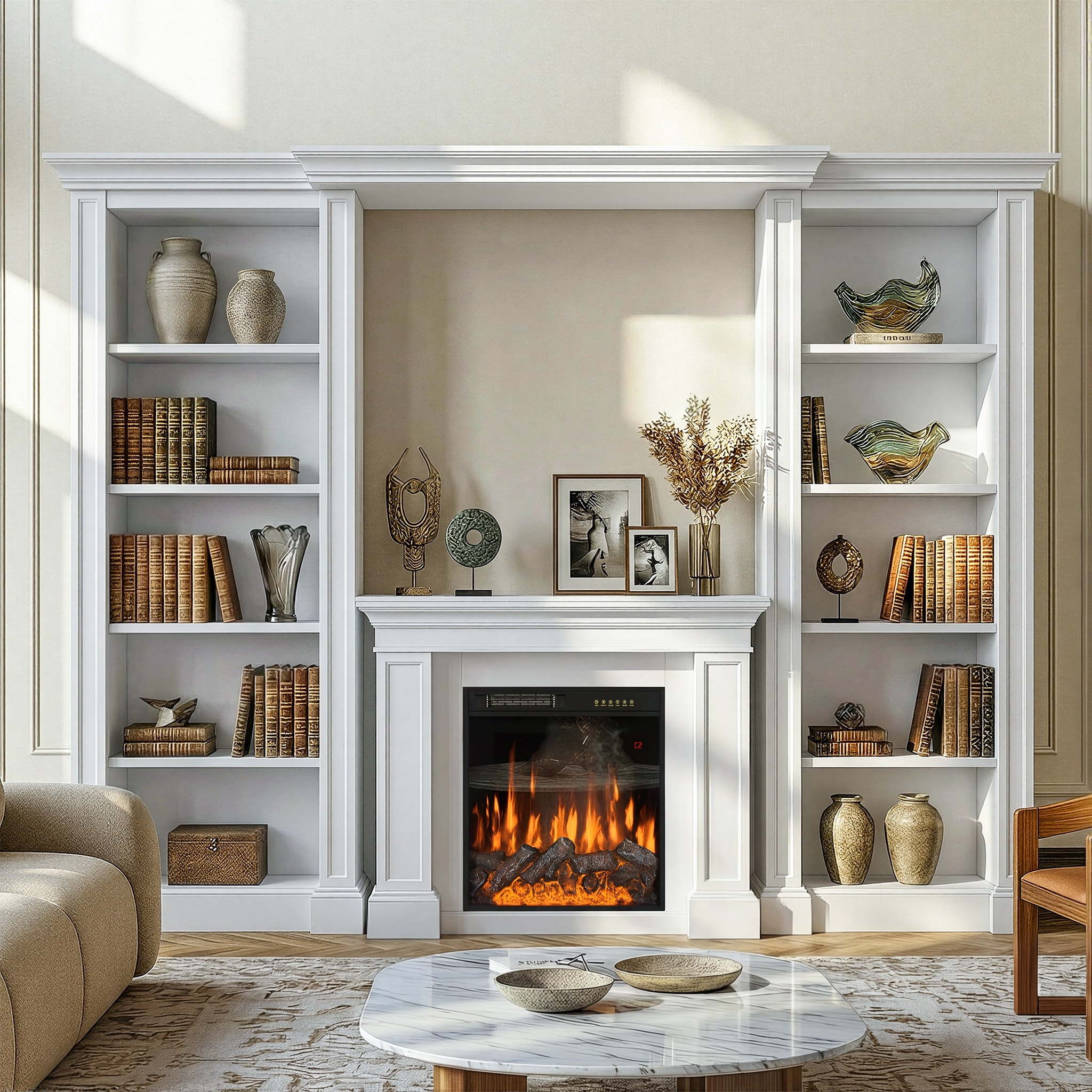 Electric Fireplace Mantel with Bookshelves, 115.5" Entertainment Center